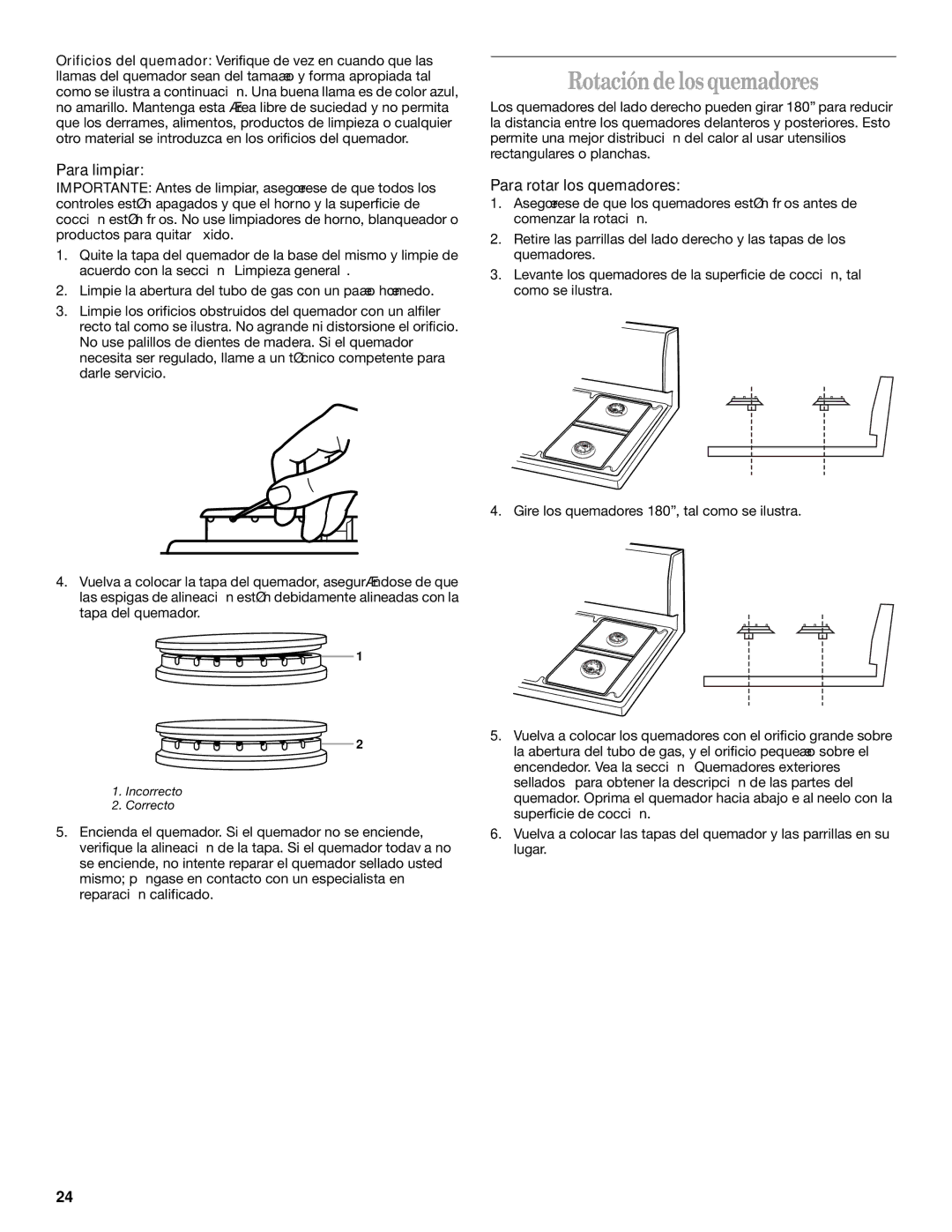 Whirlpool SF325LEK, YSF315PEK manual Rotación de los quemadores, Para limpiar, Para rotar los quemadores 