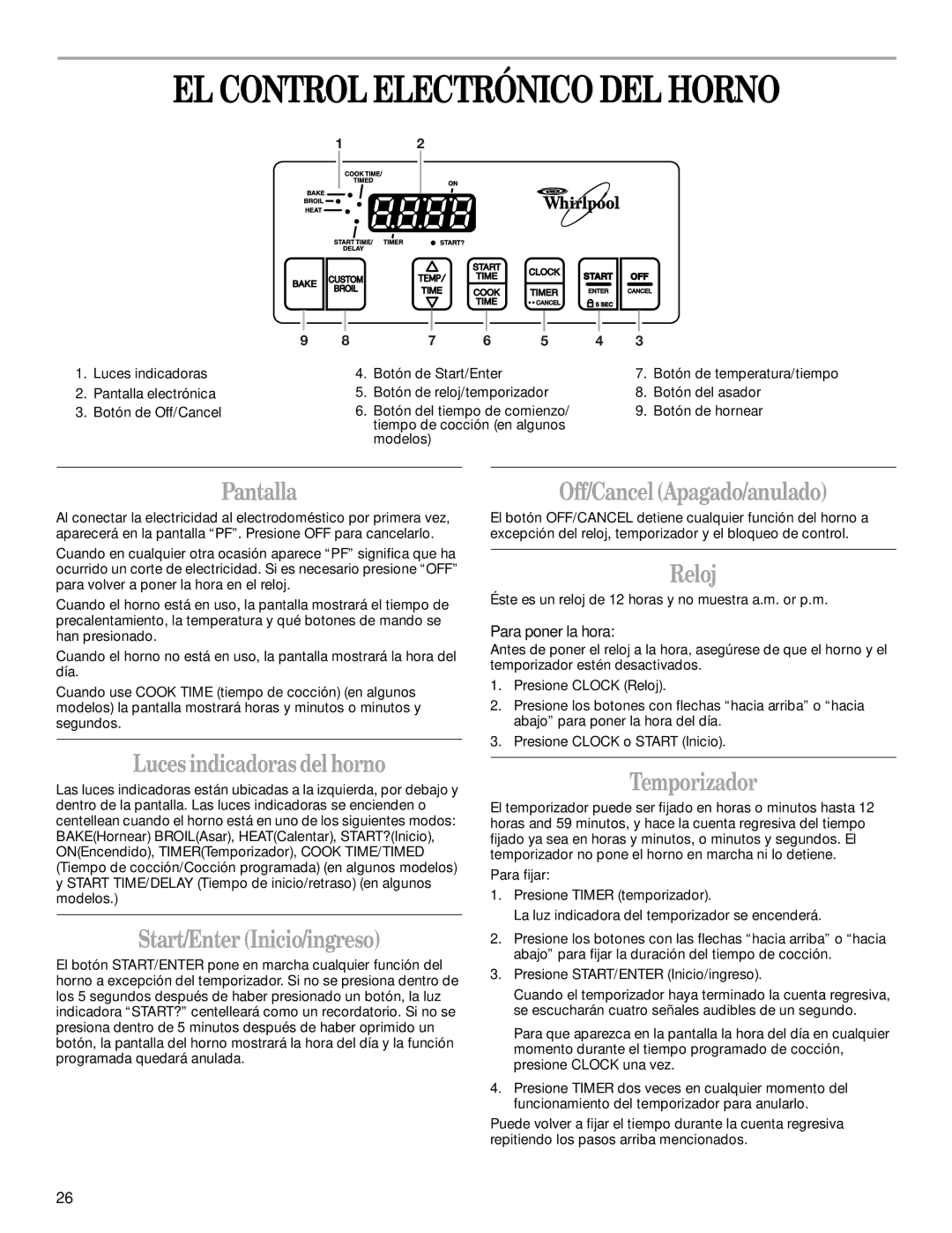 Whirlpool YSF315PEK, SF325LEK manual EL Control Electrónico DEL Horno 