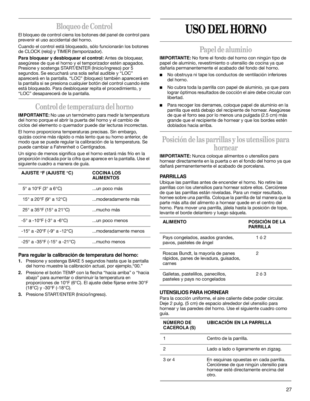 Whirlpool SF325LEK, SF315PEK manual USO DEL Horno, Bloqueo de Control, Control de temperatura del horno, Papelde aluminio 