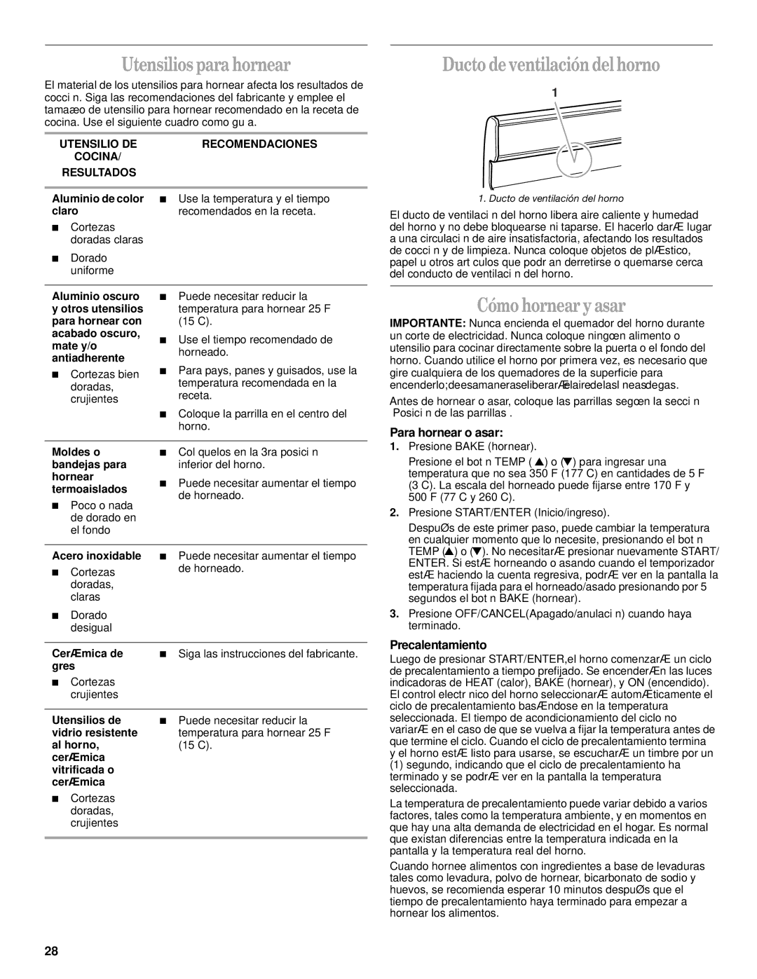 Whirlpool SF315PEK manual Utensilios para hornear, Ducto de ventilación del horno, Cómo hornear y asar, Para hornear o asar 