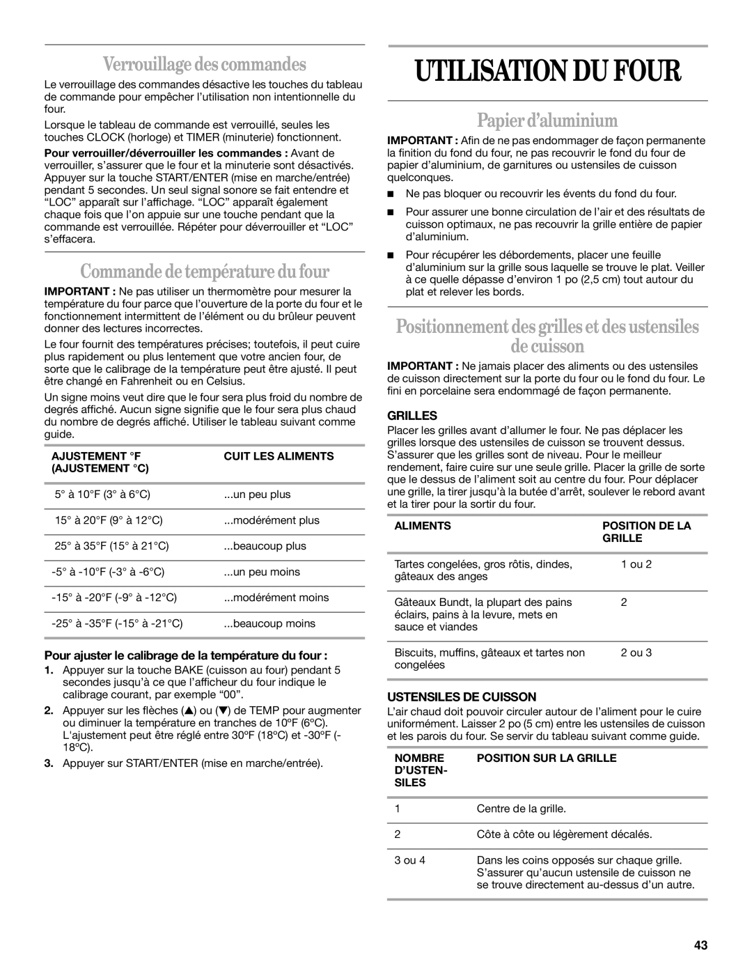 Whirlpool SF315PEK Utilisation DU Four, Verrouillage des commandes, Commande de température du four, Papier d’aluminium 