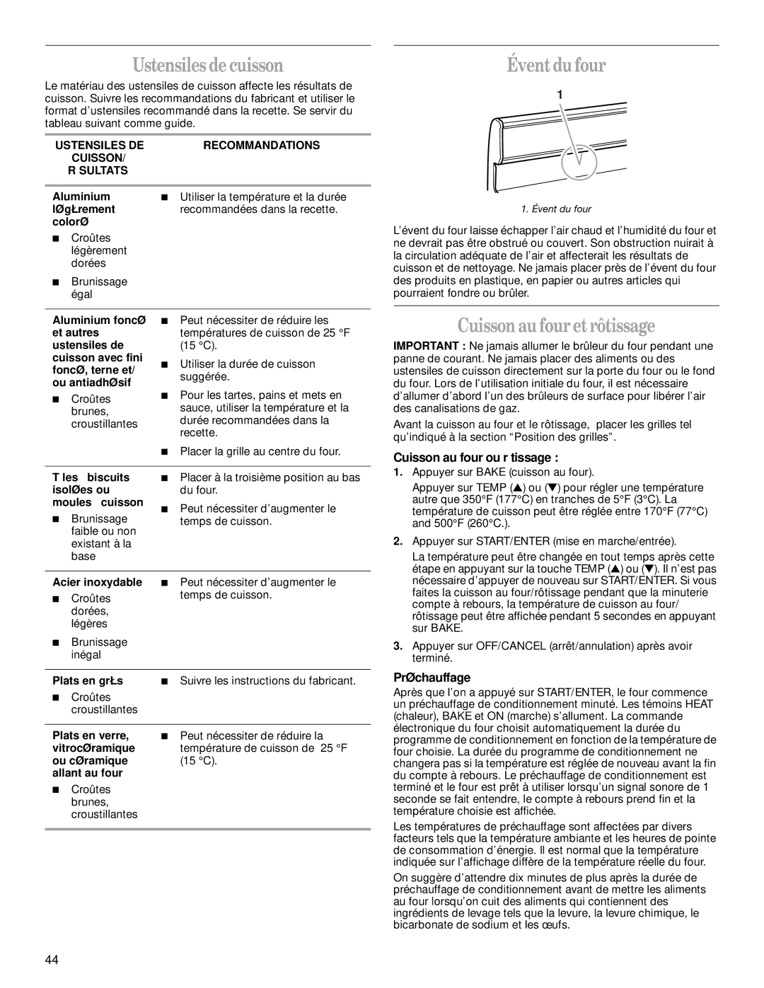 Whirlpool YSF315PEK, SF325LEK manual Évent du four, Cuisson au fouret rôtissage, Cuisson au four ou rôtissage, Préchauffage 