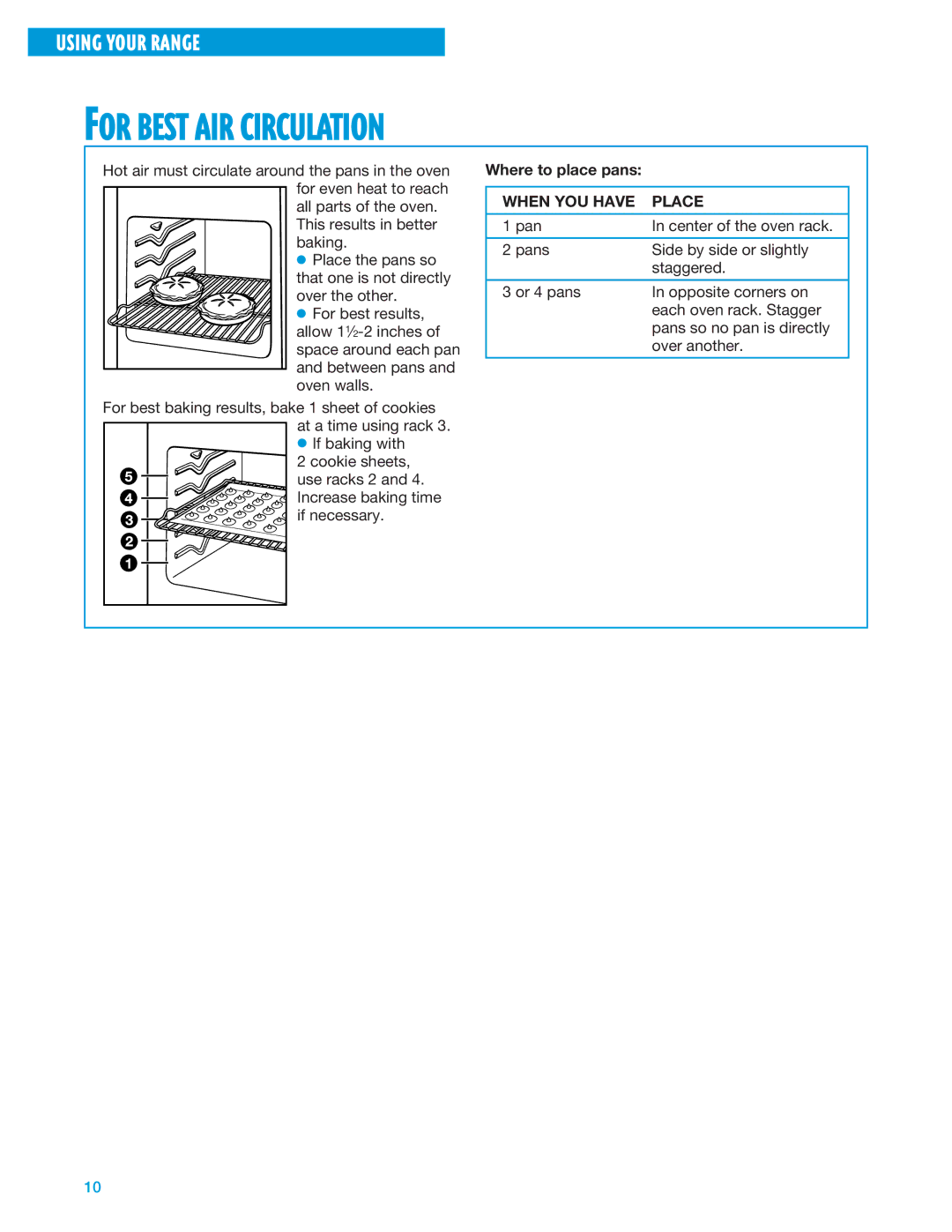 Whirlpool SF325PEE warranty For Best AIR Circulation, Where to place pans, When YOU have Place 