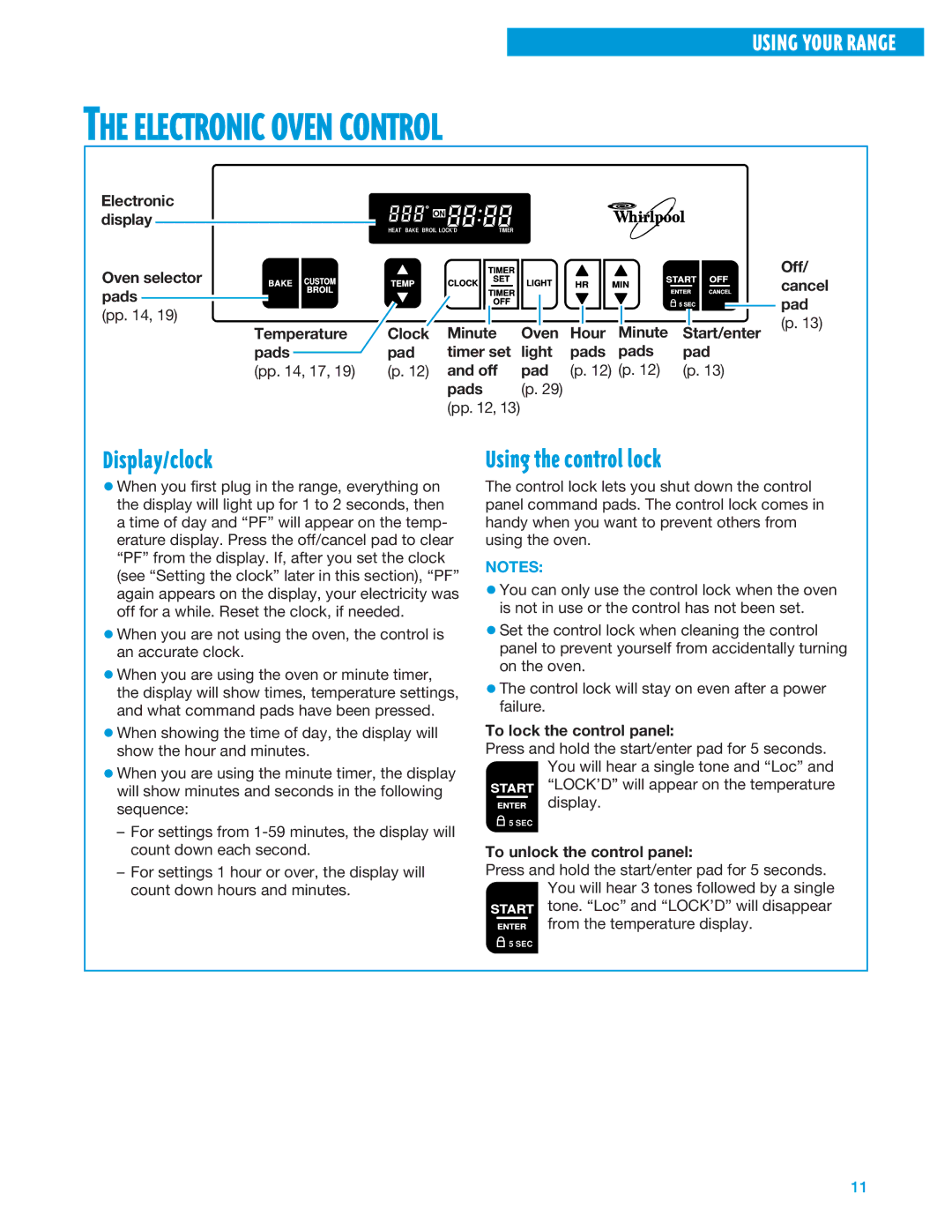 Whirlpool SF325PEE warranty Electronic Oven Control, Display/clock, Using the control lock 