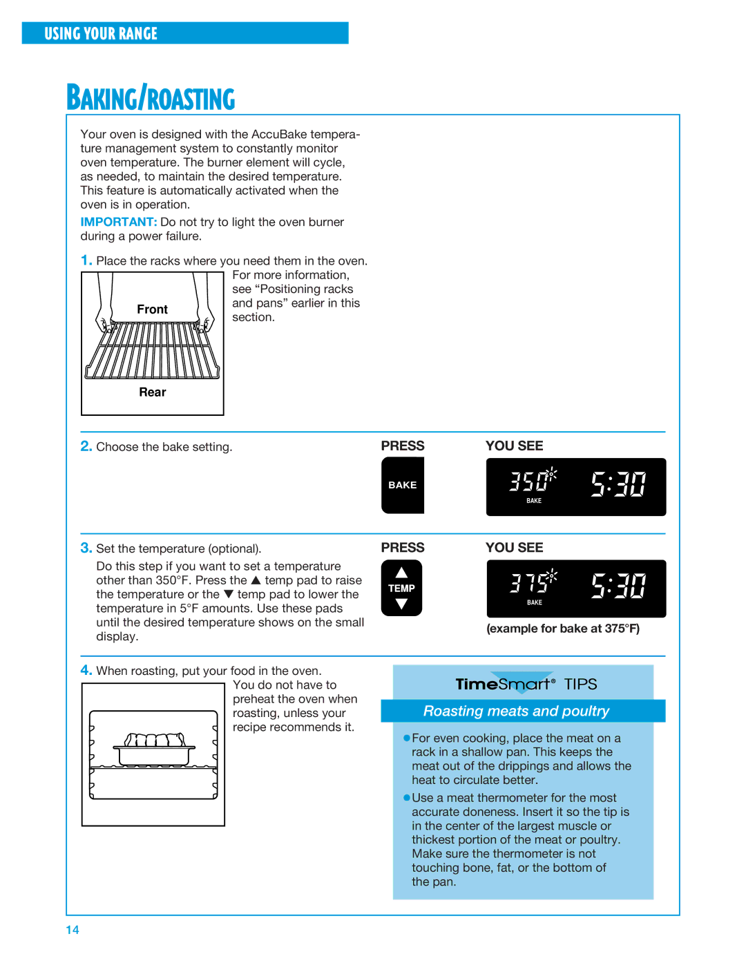 Whirlpool SF325PEE warranty Baking/Roasting, Example for bake at 375F 