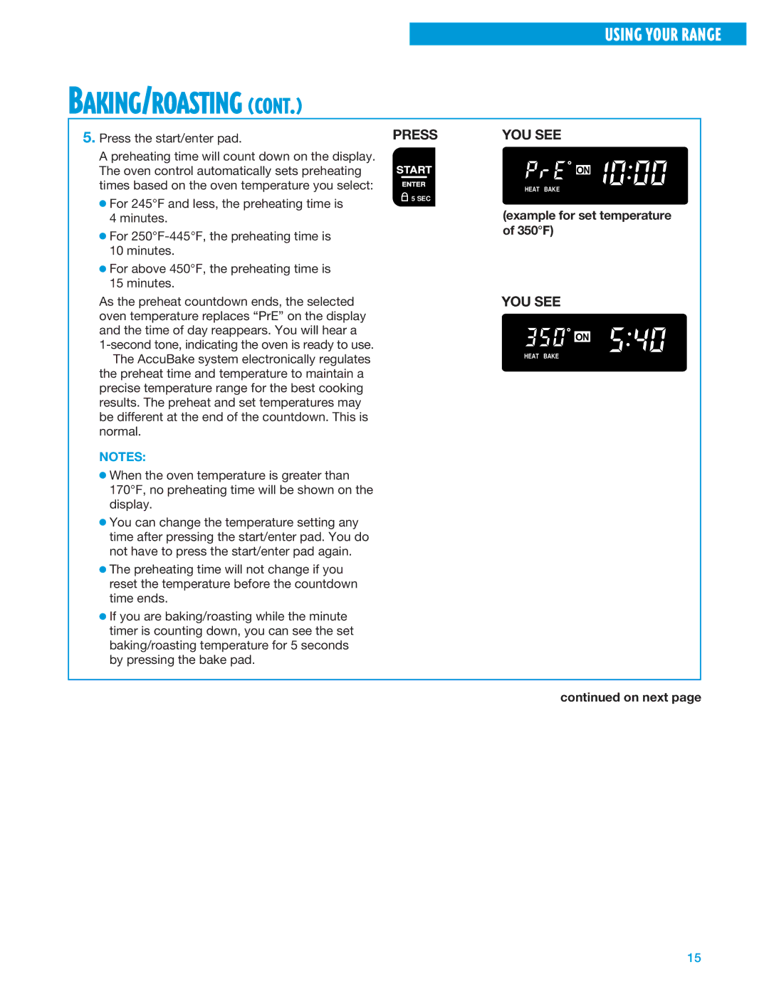 Whirlpool SF325PEE warranty Example for set temperature of 350F, On next 