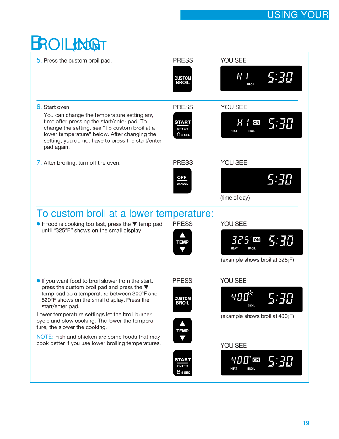 Whirlpool SF325PEE warranty Example shows broil at 325F, Example shows broil at 400F 