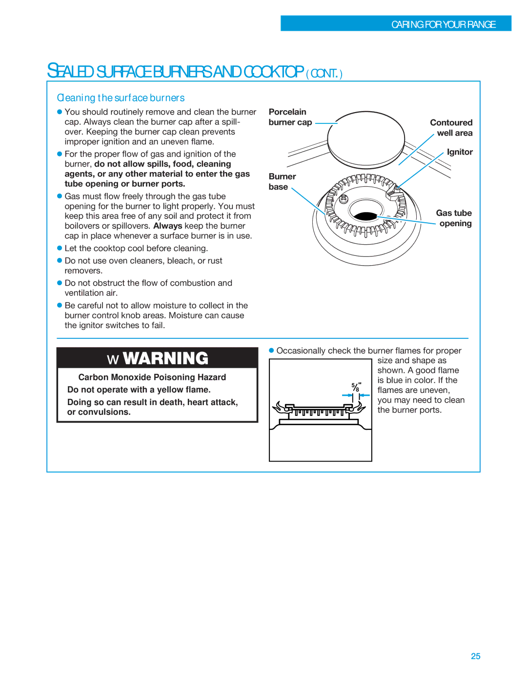 Whirlpool SF325PEE Cleaning the surface burners, Porcelain, Contoured well area For the proper flow of gas and ignition 