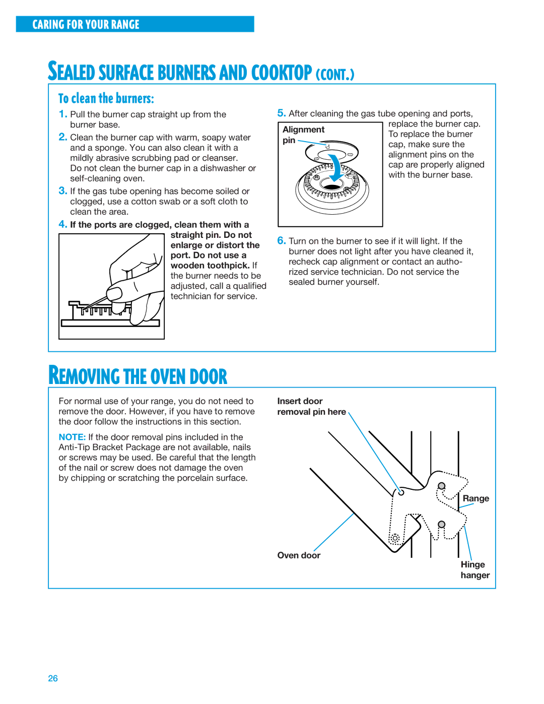 Whirlpool SF325PEE warranty Removing the Oven Door, To clean the burners, Insert door, Oven door Range Hinge hanger 