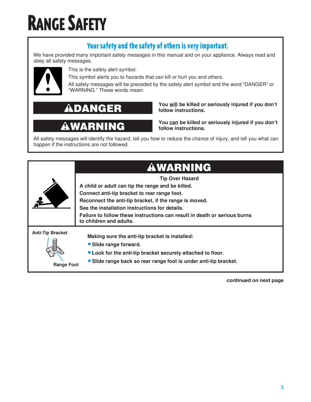 Whirlpool SF325PEE warranty Range Safety, On next 