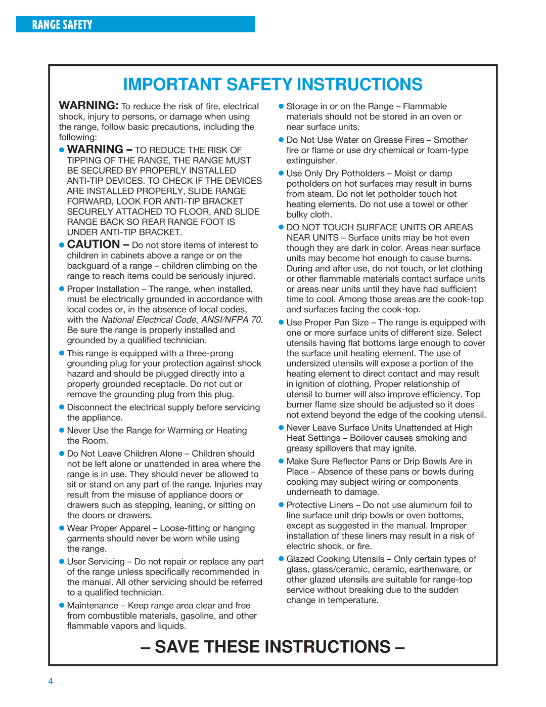 Whirlpool SF325PEE warranty Important Safety Instructions 