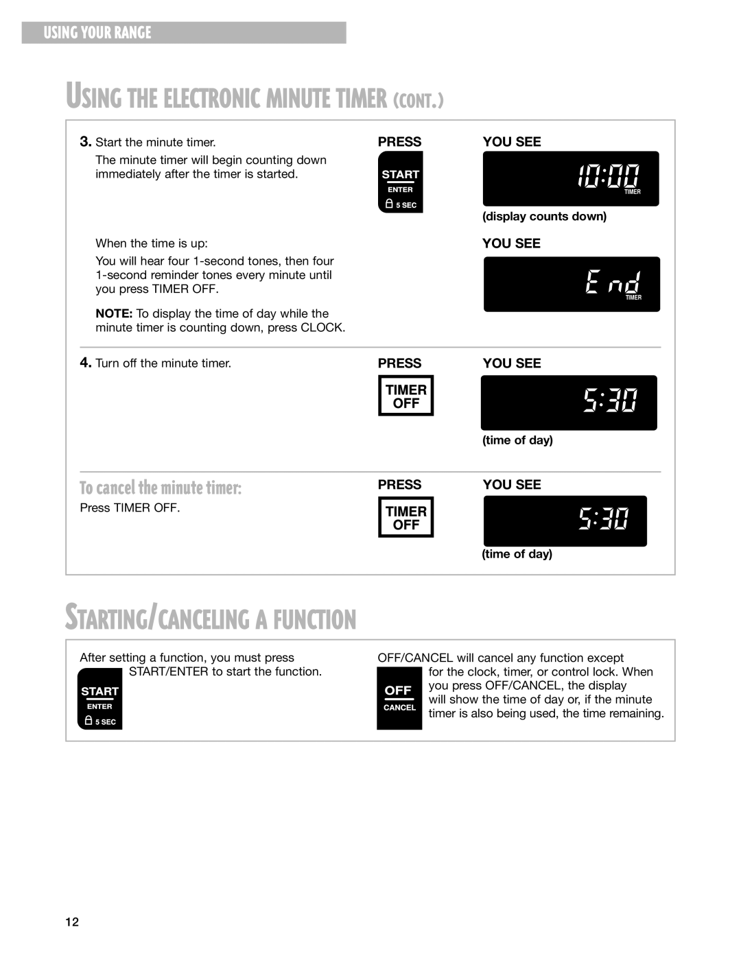 Whirlpool SF325PEG, 8053373A STARTING/CANCELING a Function, To cancel the minute timer, Display counts down, Time of day 