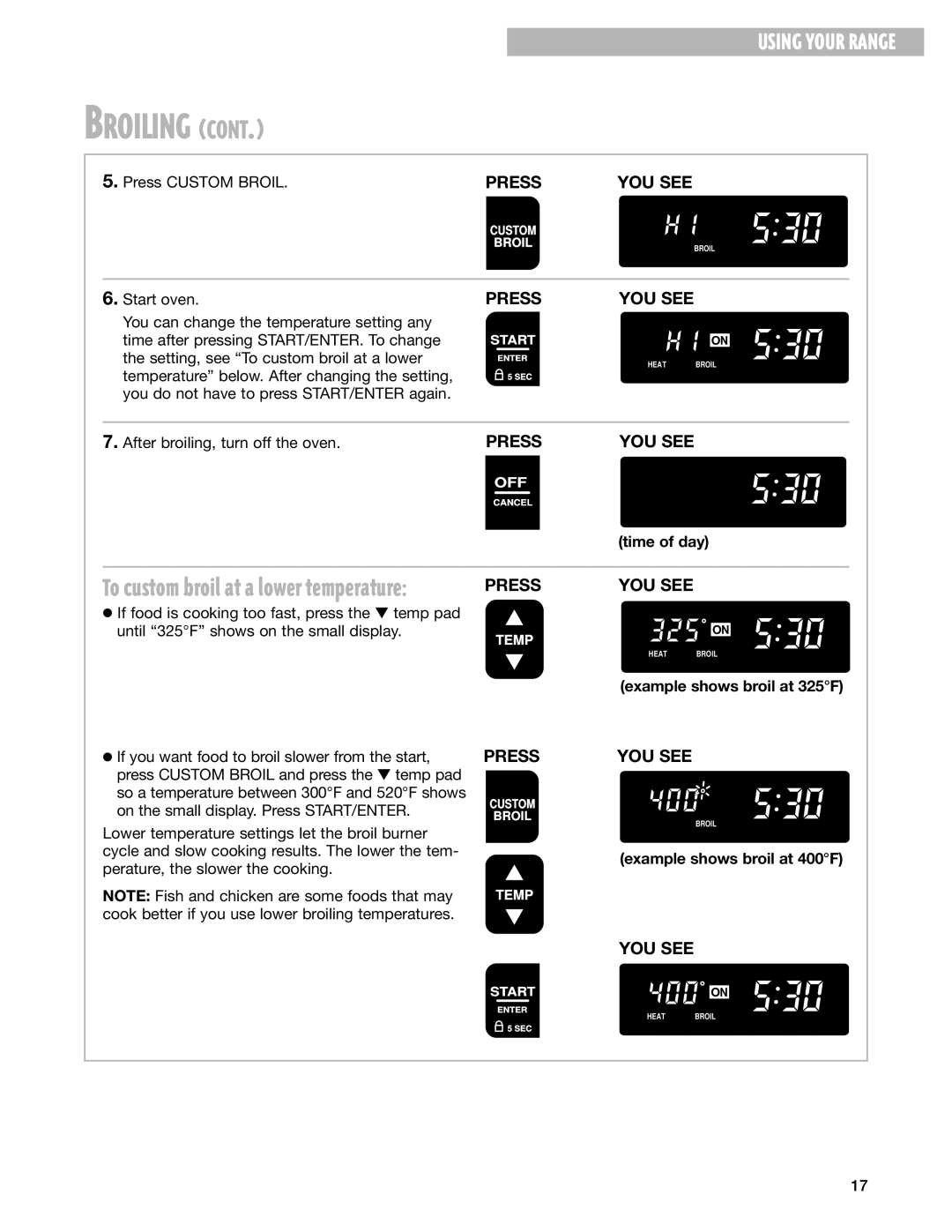 Whirlpool 8053373A, SF325PEG warranty Example shows broil at 325F, Example shows broil at 400F 