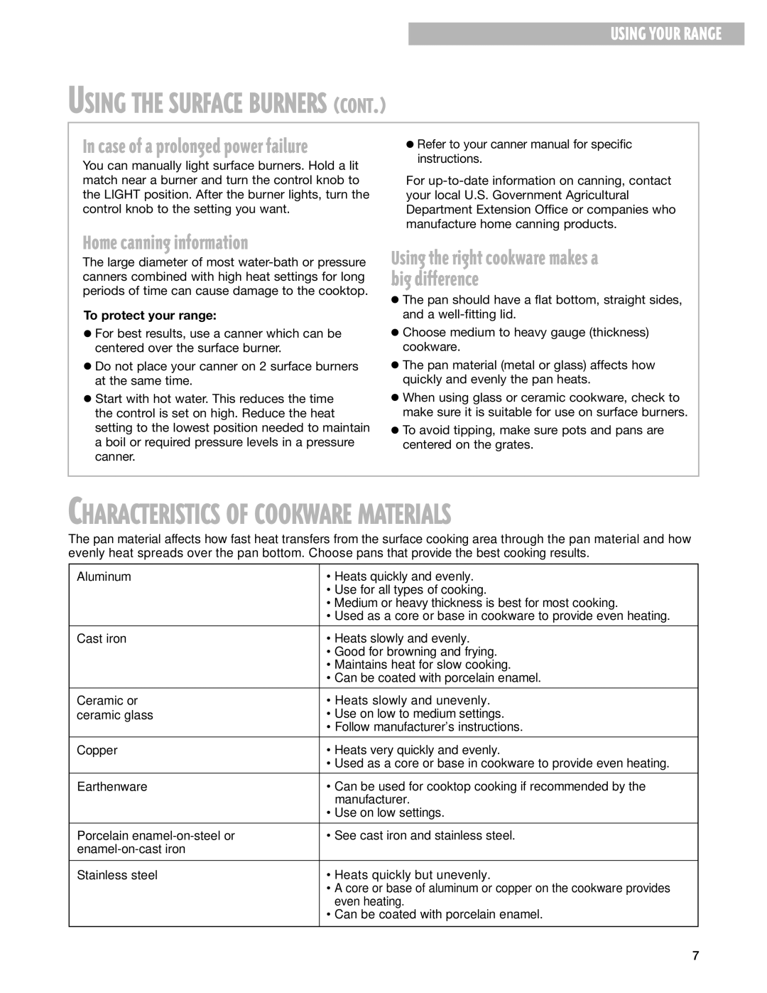 Whirlpool 8053373A, SF325PEG warranty Home canning information, Big difference, To protect your range 