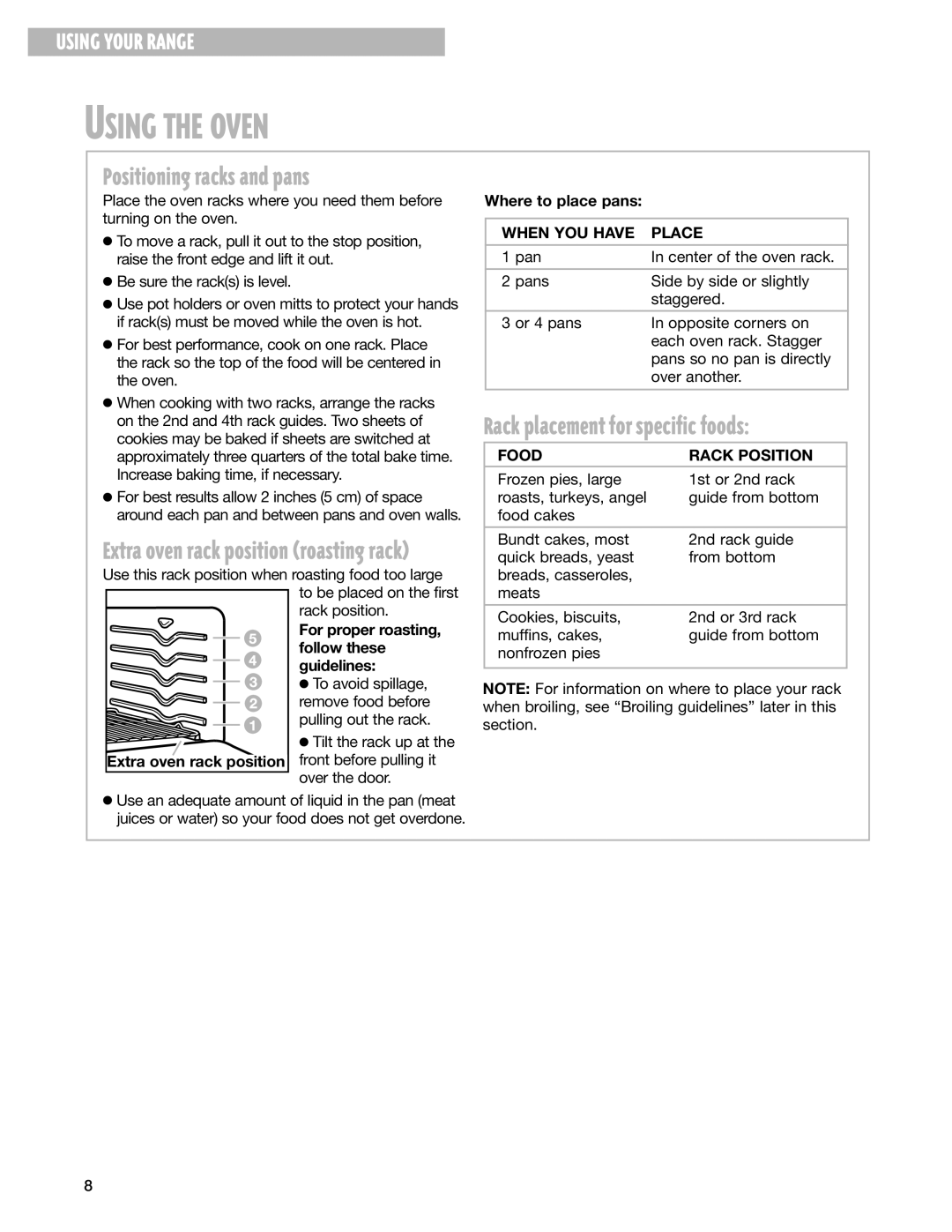 Whirlpool SF325PEG Positioning racks and pans, Rack placement for specific foods, When YOU have Place, Food Rack Position 