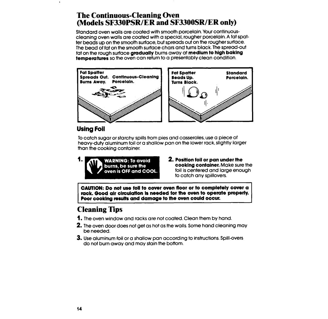 Whirlpool SF310PER, SF3300ER, SF330PSR, SF3300SR, SF330PER, SF310PSR, SF3100SR, SF3100ER manual Cleaning Tips, Using Foil 