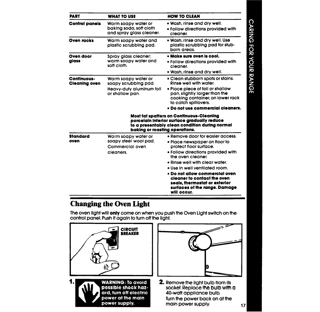 Whirlpool SF330PSR, SF3300ER, SF3300SR, SF330PER, SF310PSR, SF3100SR, SF310PER, SF3100ER manual Changing the Oven Light, Pabt 