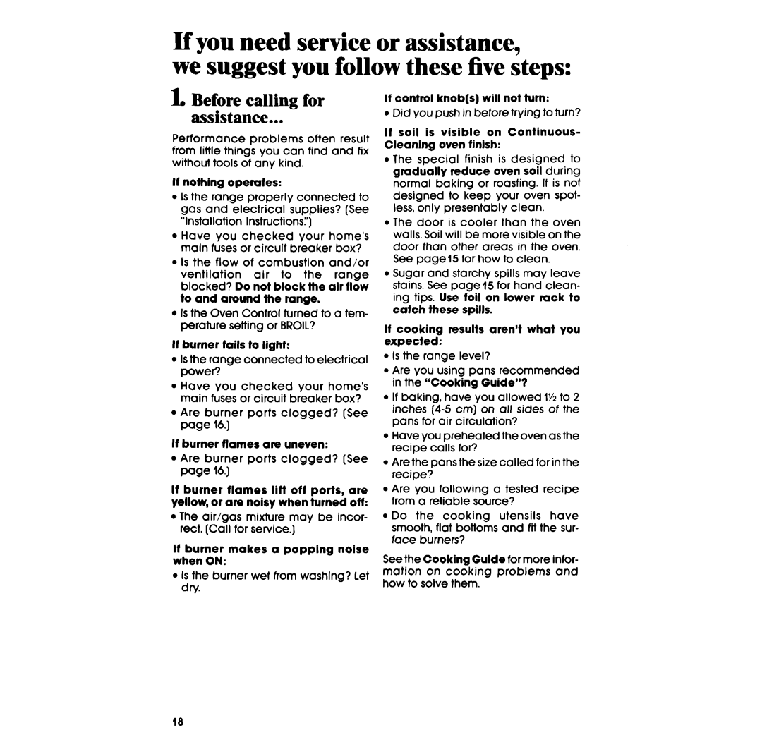 Whirlpool SF3300SR, SF3300ER, SF330PSR Before calling for assistance, Air/gas mixture may be incor- rect. Call for service 