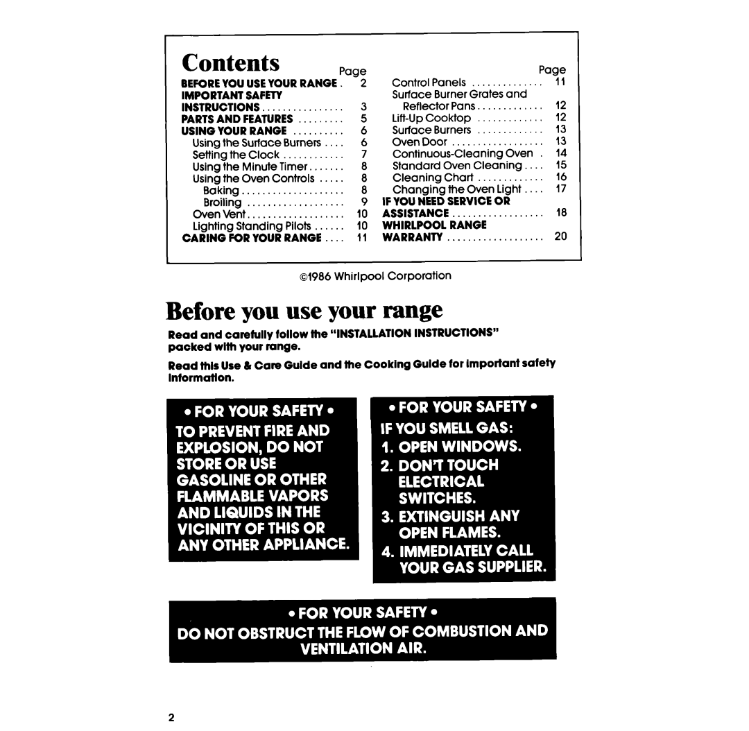 Whirlpool SF3300SR, SF3300ER, SF330PSR, SF330PER, SF310PSR, SF3100SR, SF310PER, SF3100ER Before you use your range, Contents 