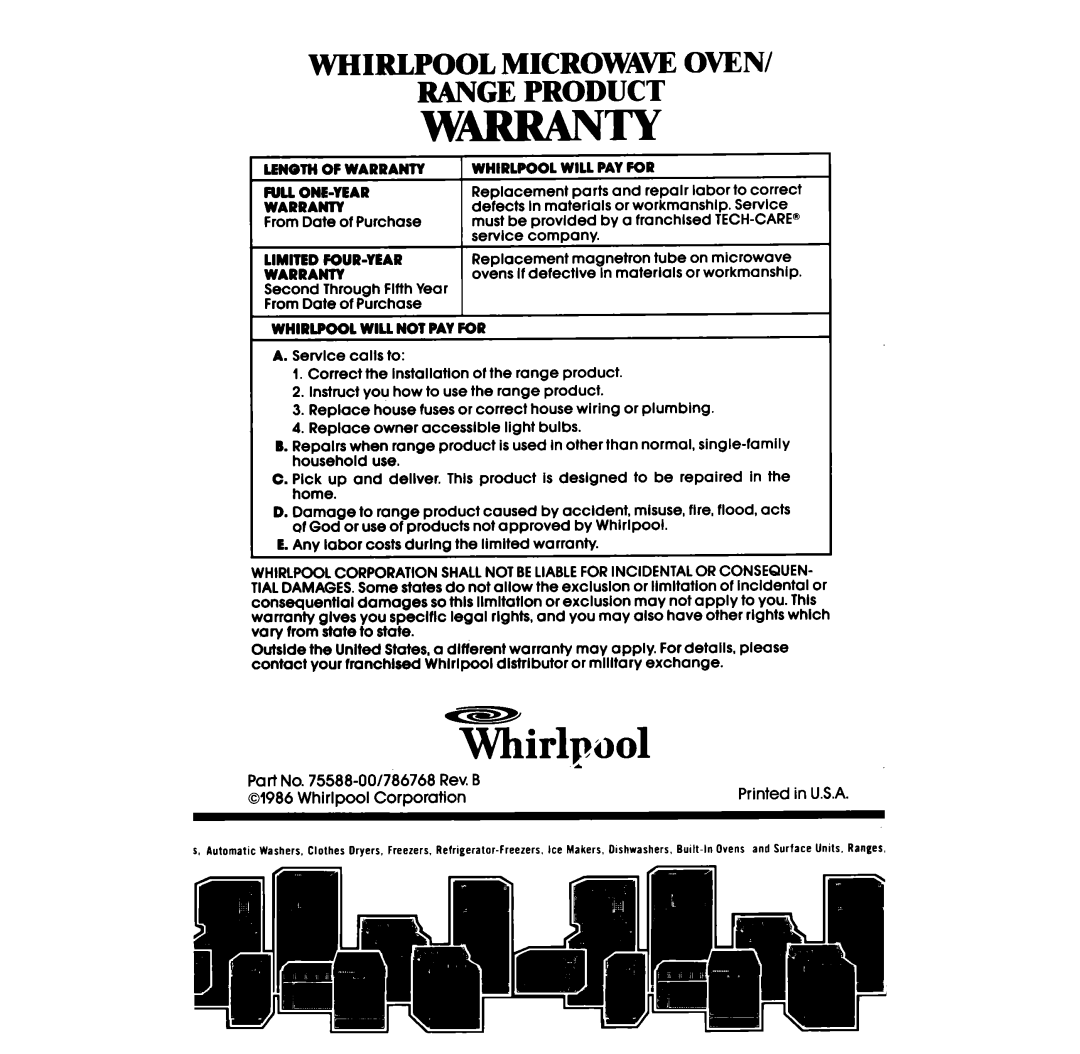 Whirlpool SF310PSR, SF3300ER manual Whirlpool Microwaw Oven Range Product, Part No -001786768 Rev. B Whirlpool Corporation 