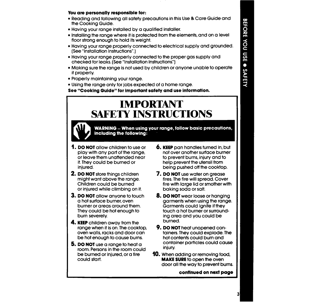 Whirlpool SF330PER, SF3300ER, SF330PSR, SF3300SR, SF310PSR, SF3100SR, SF310PER, SF3100ER manual Safety Instructions 