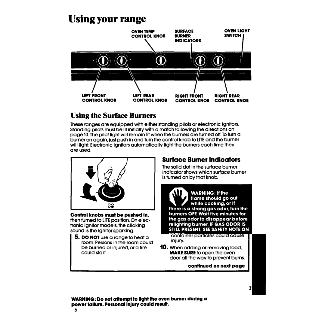 Whirlpool SF310PER, SF3300ER, SF330PSR, SF3300SR manual Using your range, Using the Surface Burners, Surface Burner Indicators 