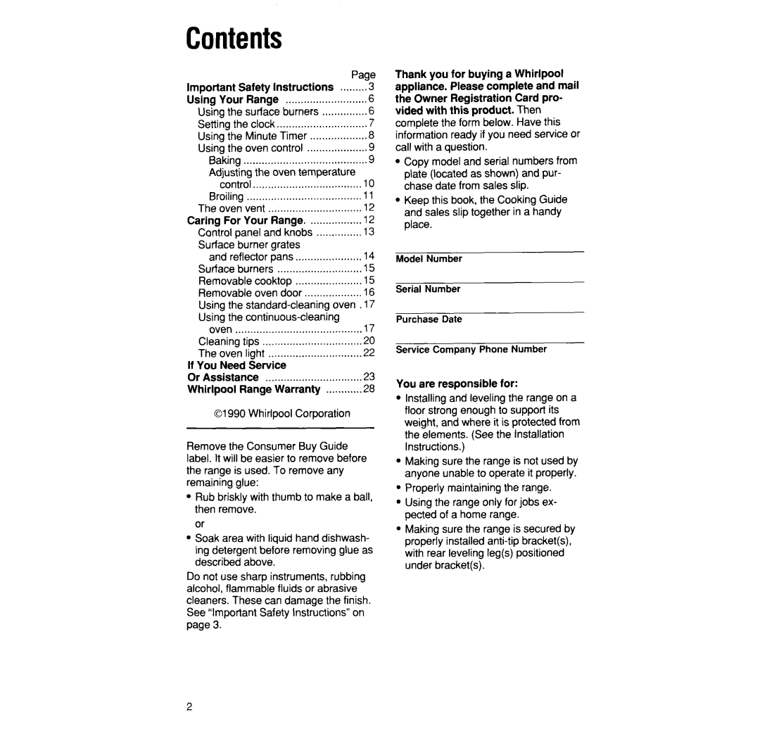 Whirlpool SF31OOEW, SF3300EW, SF31OPEW manual Contents 