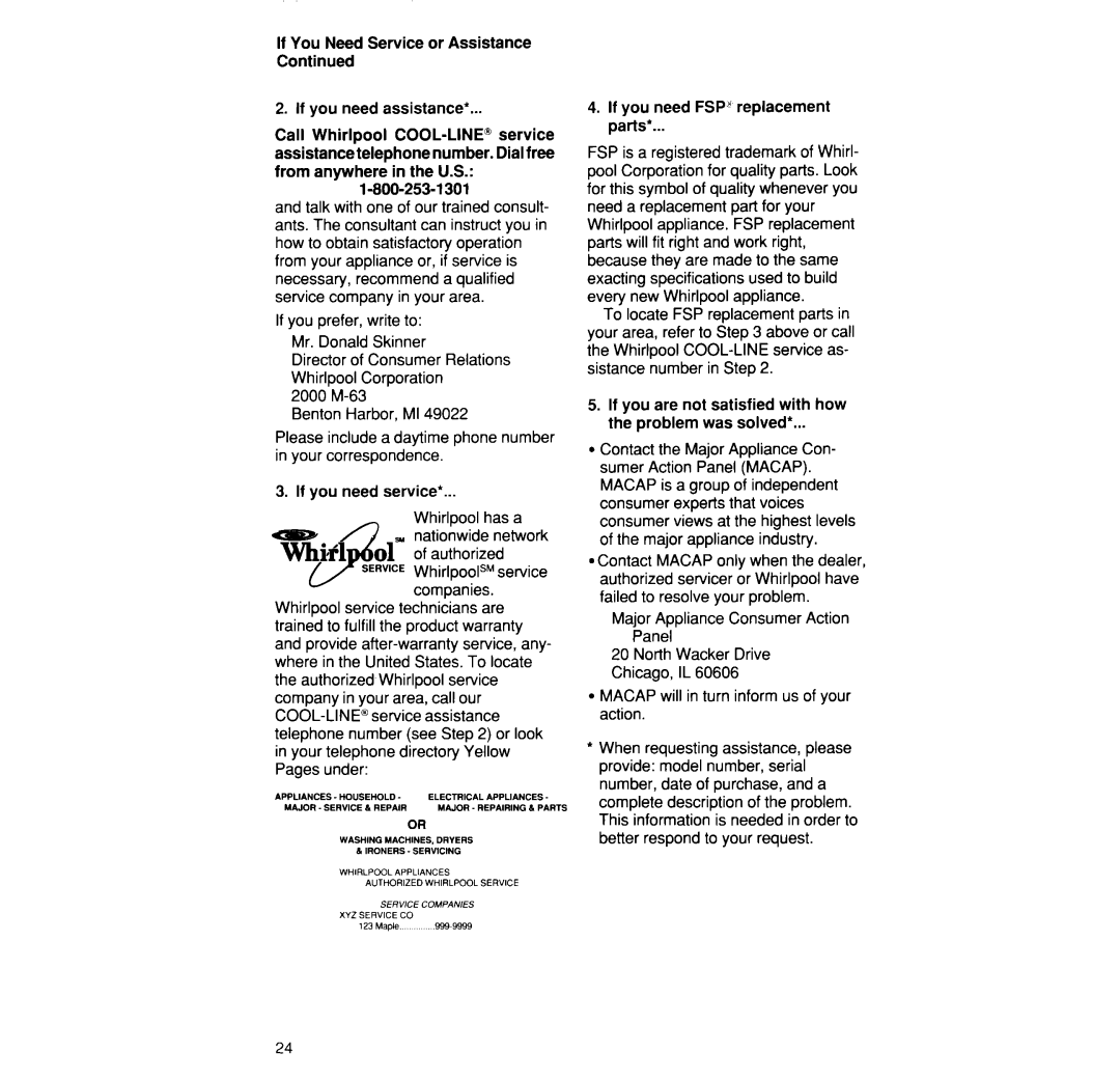 Whirlpool SF3300EW, SF31OPEW If You Need Service or Assistance If you need assistance, 800-253-l, If you need service’ 