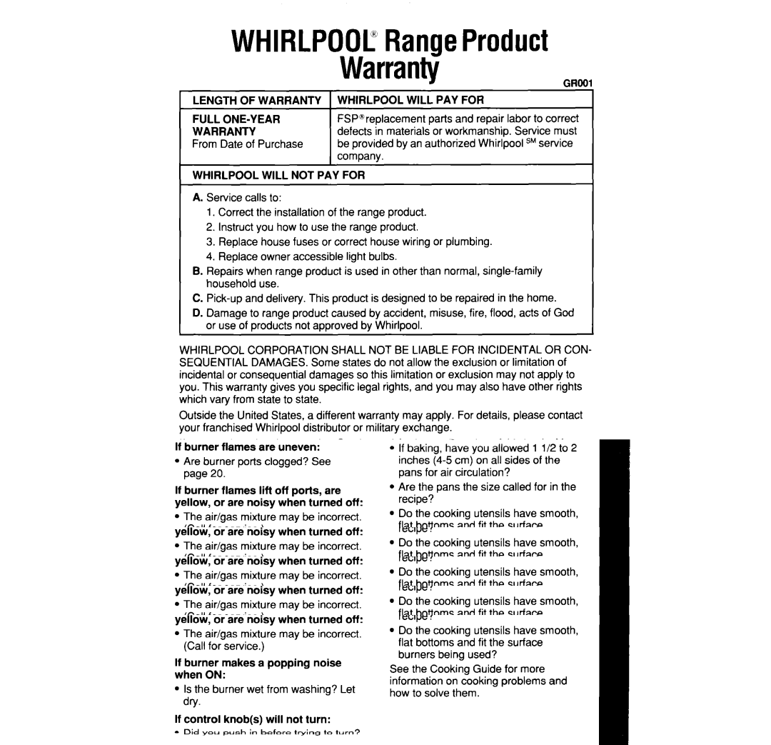 Whirlpool SF31OPEW, SF3300EW, SF31OOEW manual WHIRLPOOCRangeProduct Warranty, Length of Warranty 1 Whirlpool will PAY for 