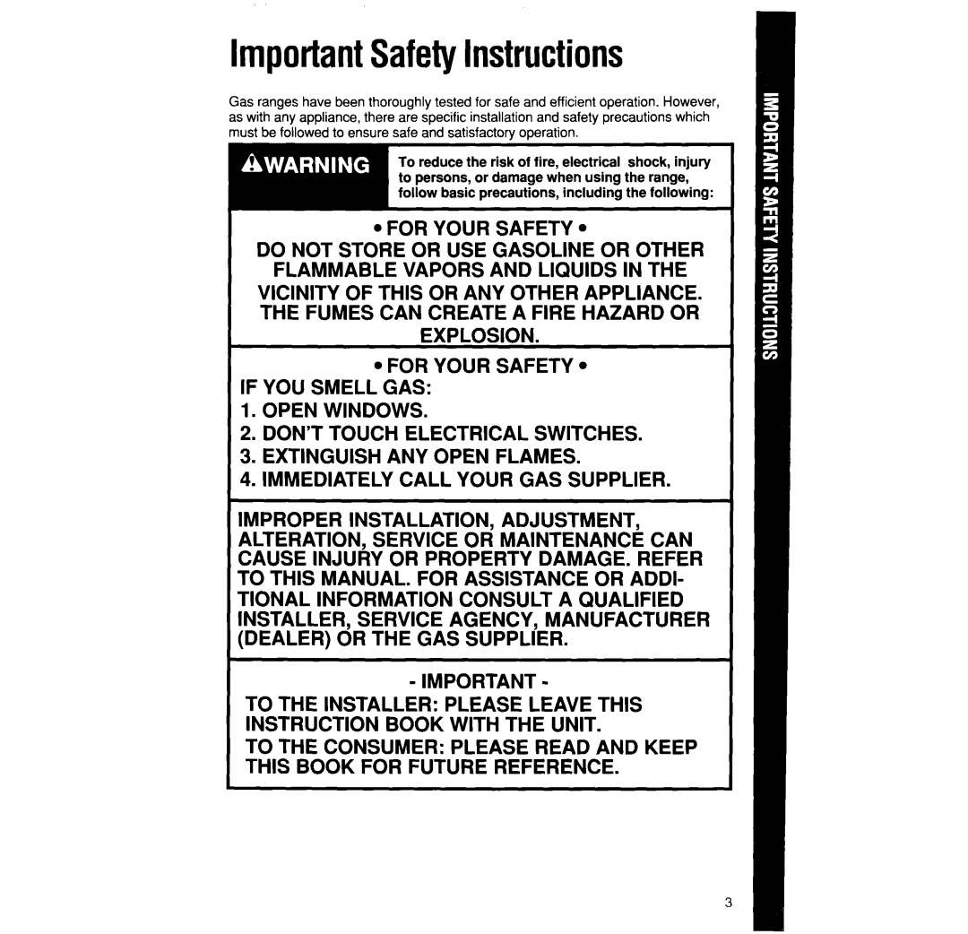 Whirlpool SF3300EW, SF31OPEW, SF31OOEW manual ImportantSafetyInstructions 