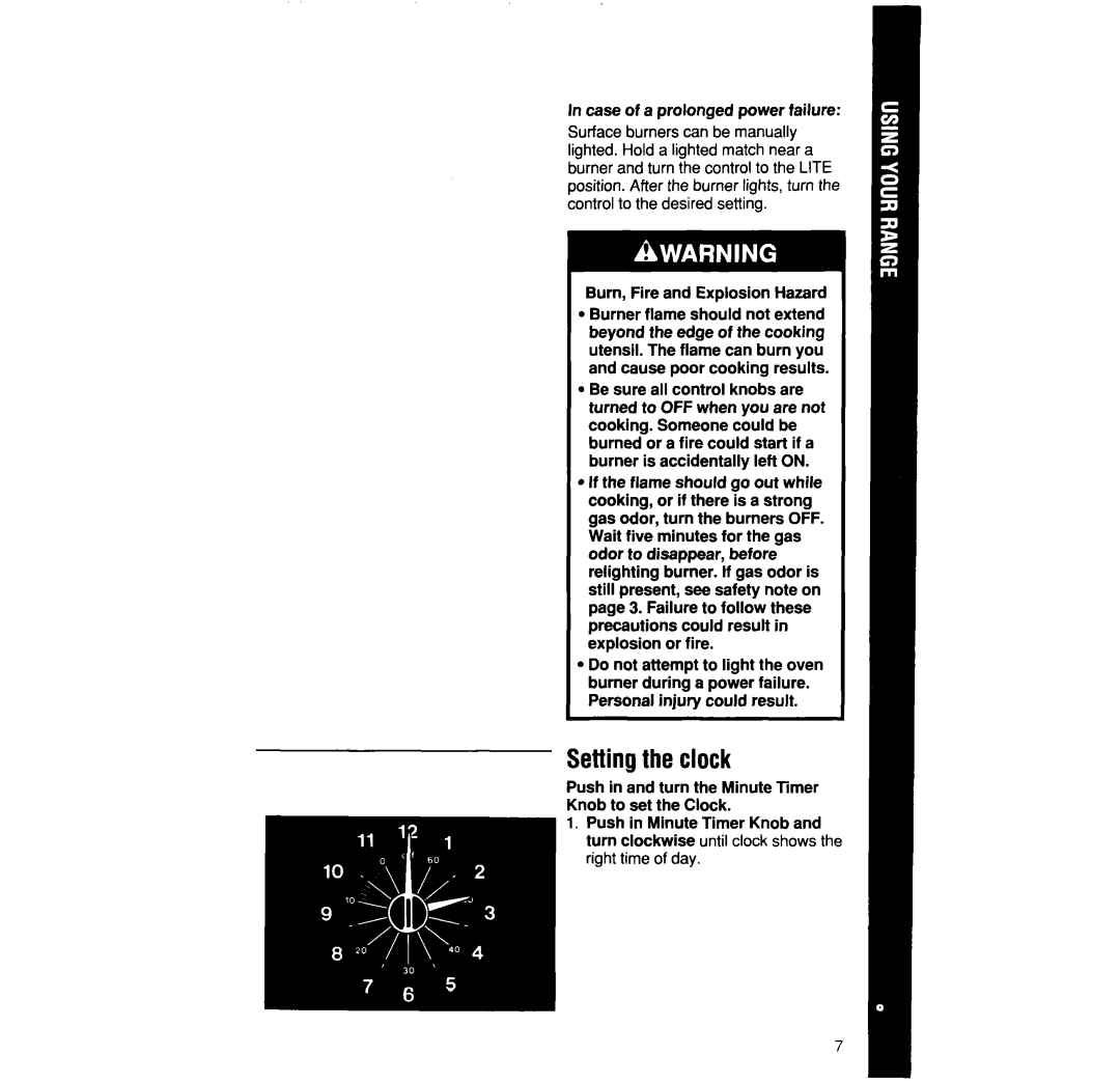 Whirlpool SF31OPEW, SF3300EW, SF31OOEW Settingthe clock, Case of a prolonged power failure, Burn, Fire and Explosion Hazard 