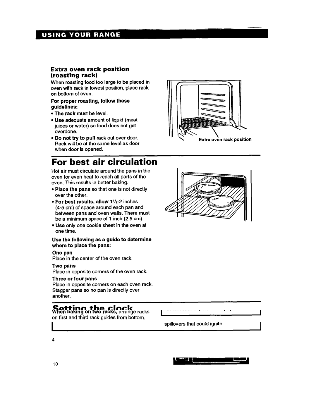 Whirlpool SF330PEA, SF310PEA warranty For best air circulation, Setting the clock, Extra oven rack position Roasting rack 