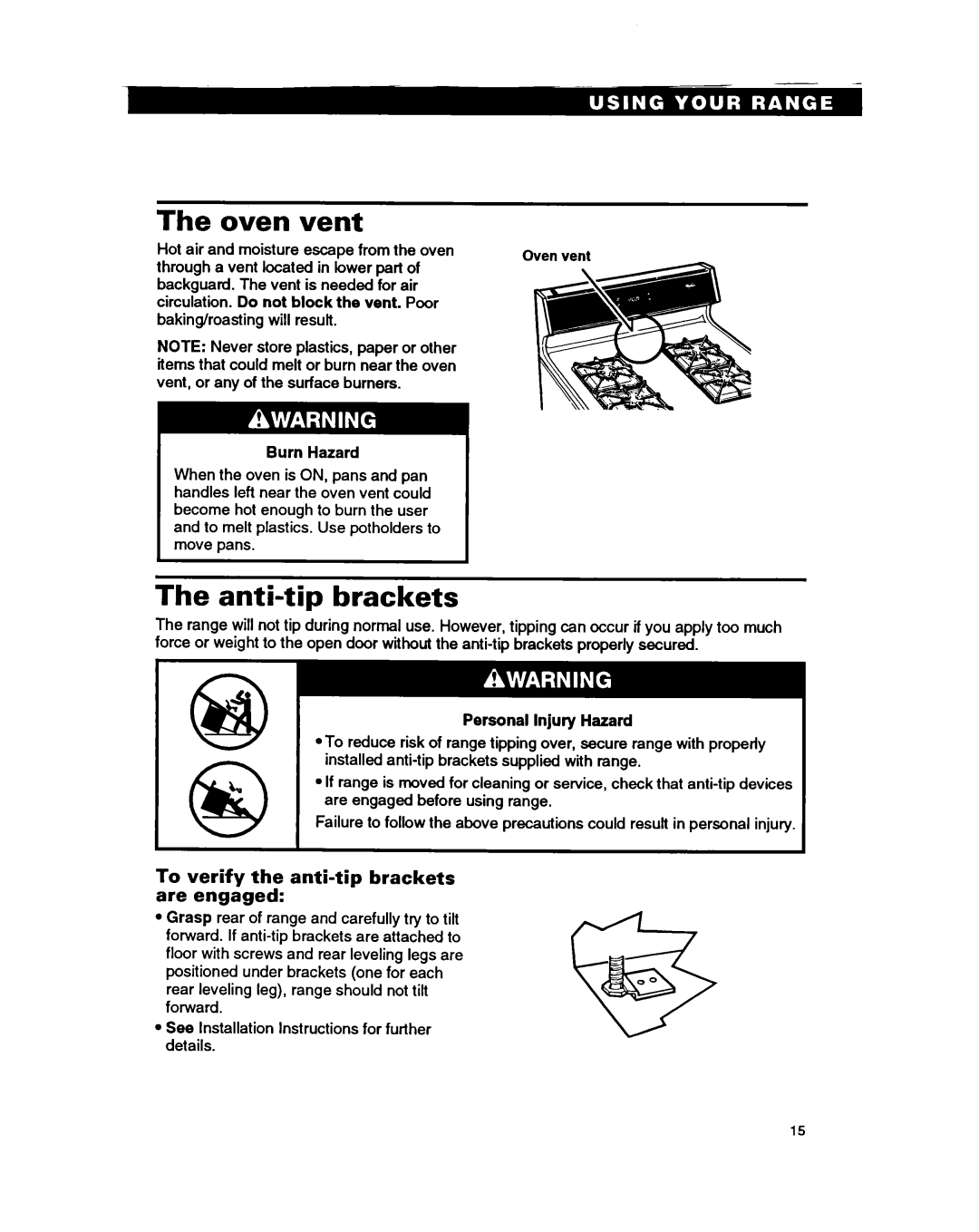 Whirlpool SF310PEA, SF330PEA warranty Oven Vent, Anti-tip brackets, To verify the anti-tip brackets are engaged, Burn Hazard 