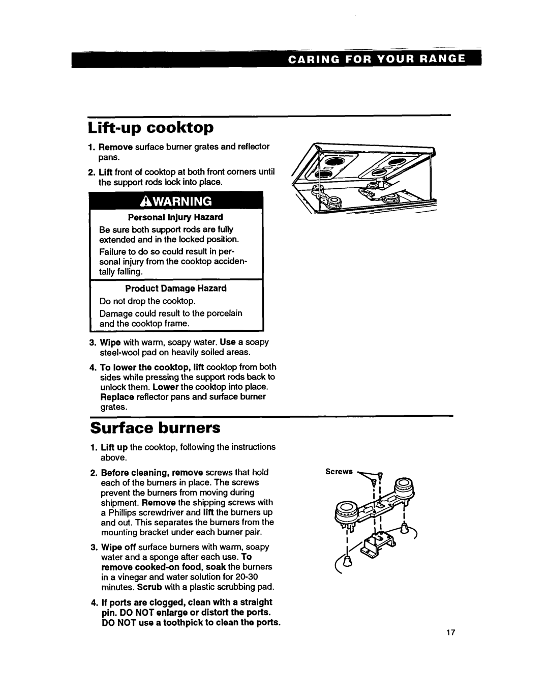 Whirlpool SF310PEA, SF330PEA warranty Lift-up cooktop, Surface burners 