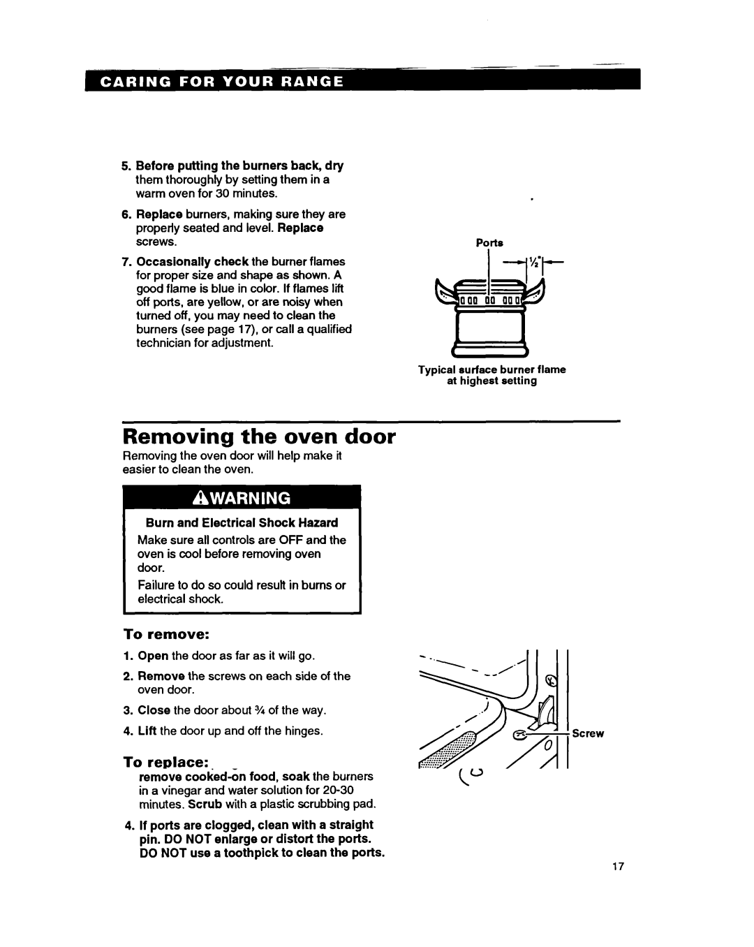 Whirlpool SF330PEA, SF310PEA warranty Removing the oven door, To remove, To replace, Burn and Electrical Shock Hazard 