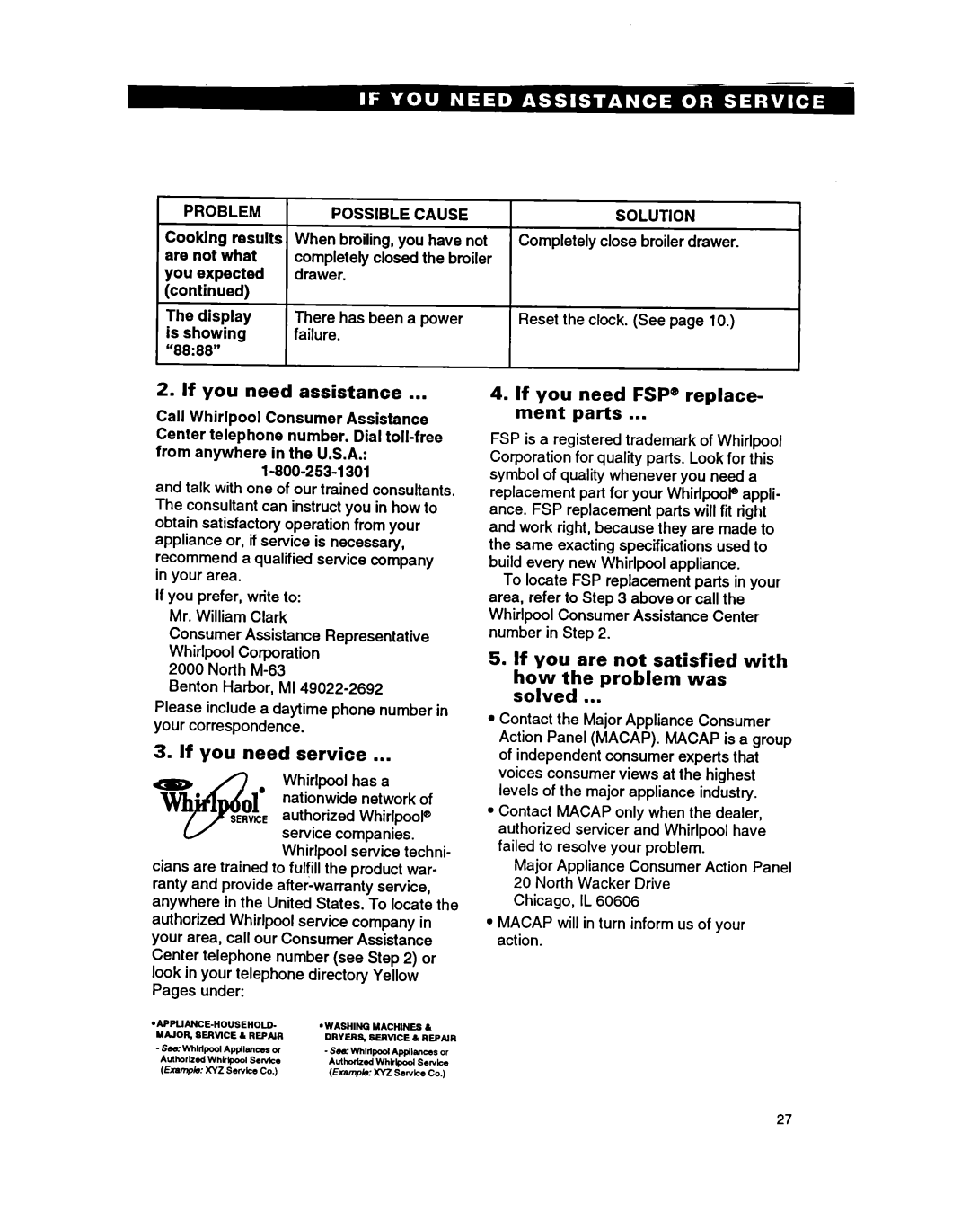 Whirlpool SF310PEA, SF330PEA warranty If you need assistance, If you need service, If you need FSP@ replace- ment parts 