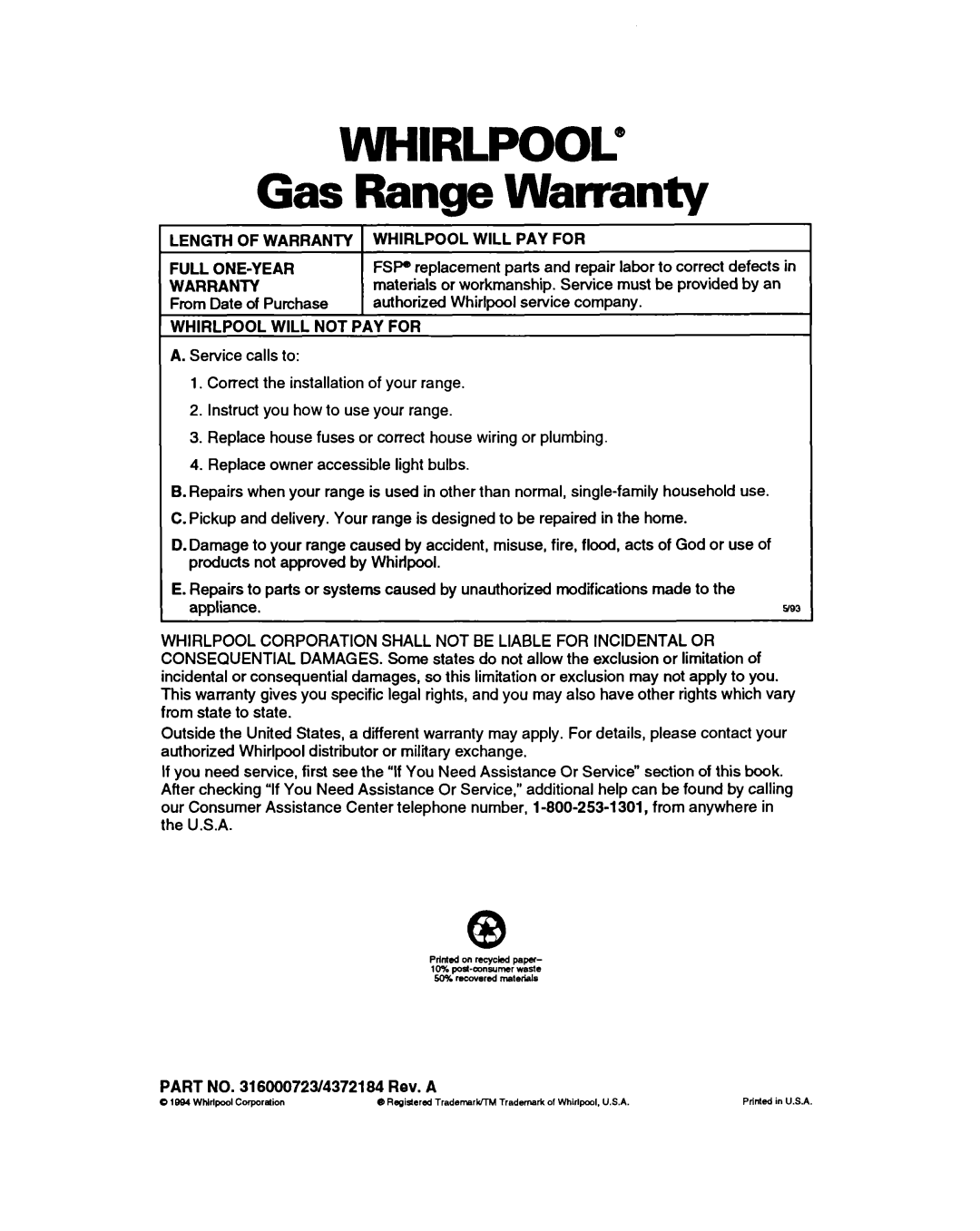 Whirlpool SF330PEA, SF310PEA warranty Whirlpool@, Gas Range Warranty 