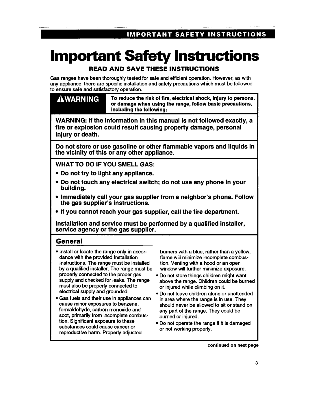 Whirlpool SF310PEA, SF330PEA warranty Important safety Instructions, General 