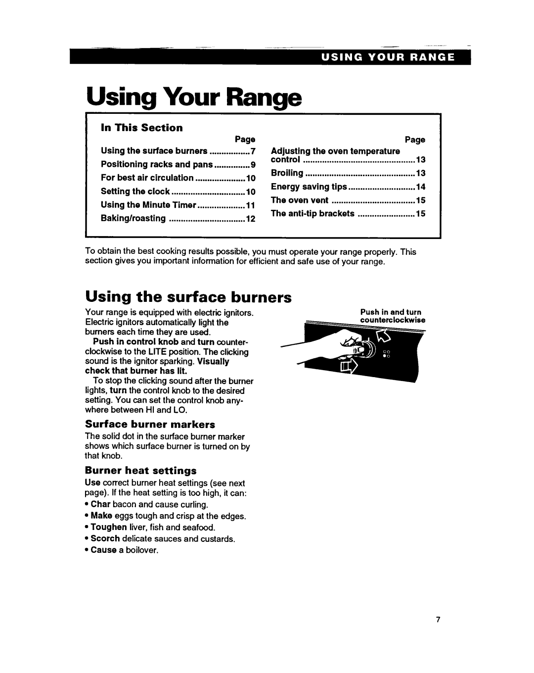 Whirlpool SF310PEA warranty Your, Range, Using, burners, the surface, In This, Surface burner markers, Burner heat settings 