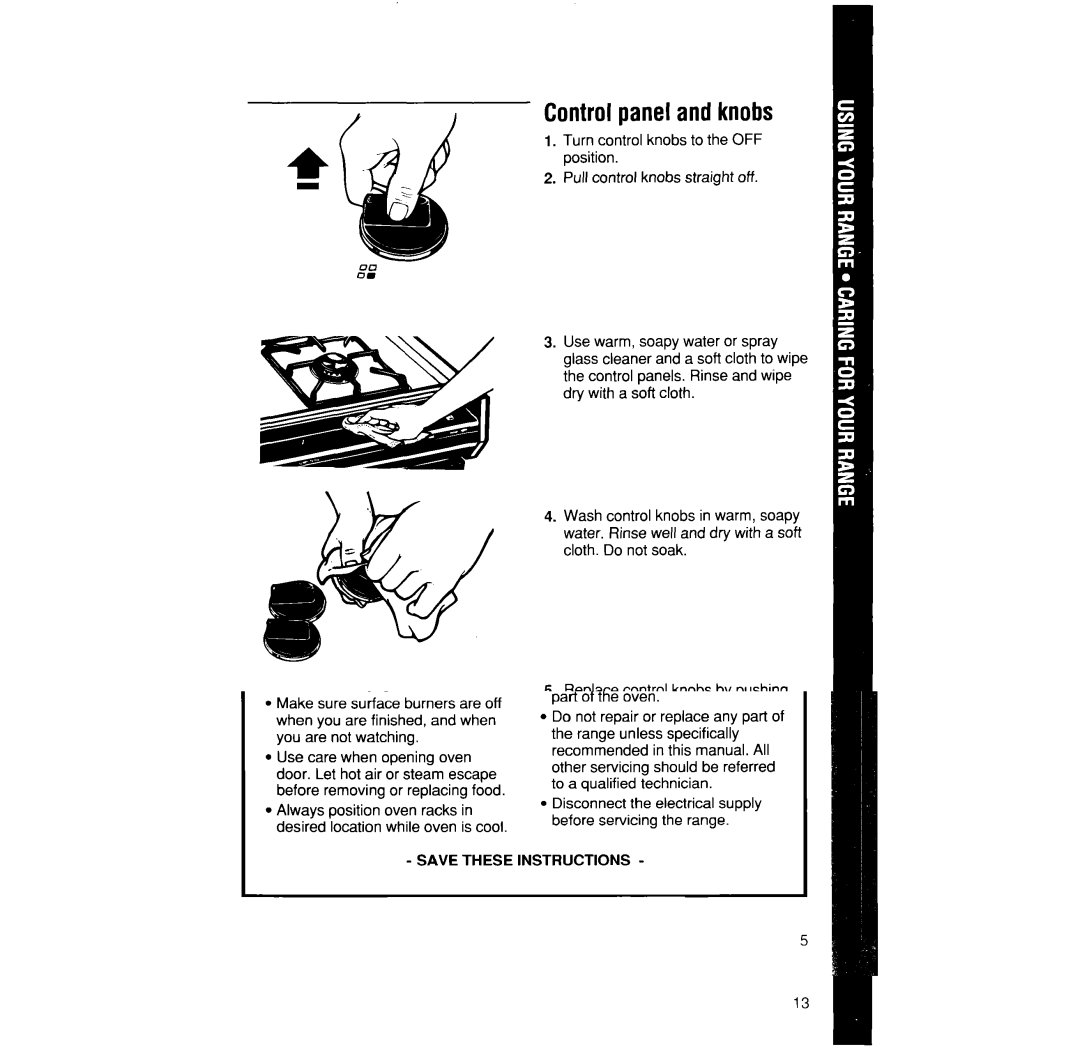 Whirlpool SF330PEW manual Controlpanel and knobs 