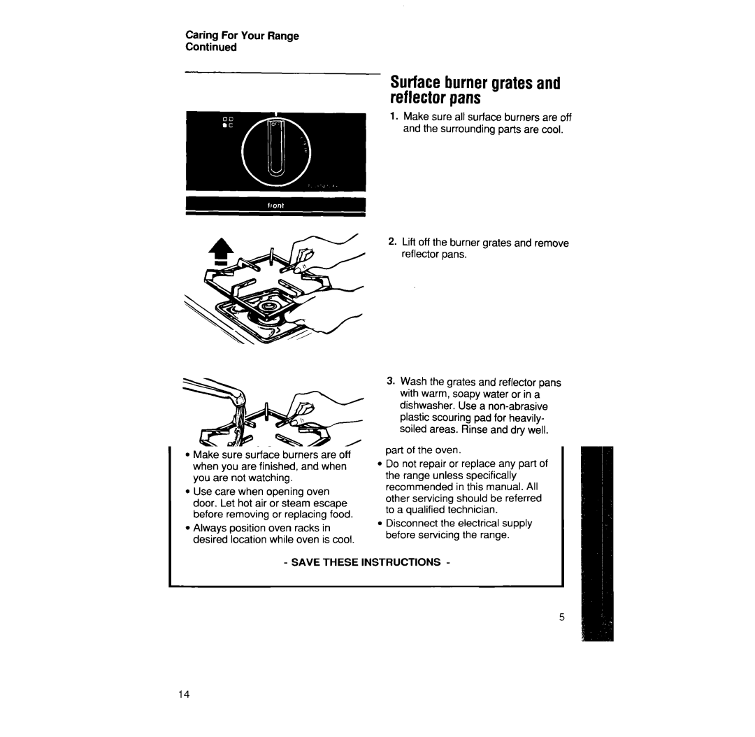 Whirlpool SF330PEW manual Surfaceburnergratesand reflector pans 