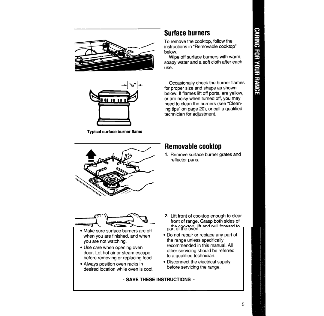 Whirlpool SF330PEW manual Surfaceburners, Removablecooktop 