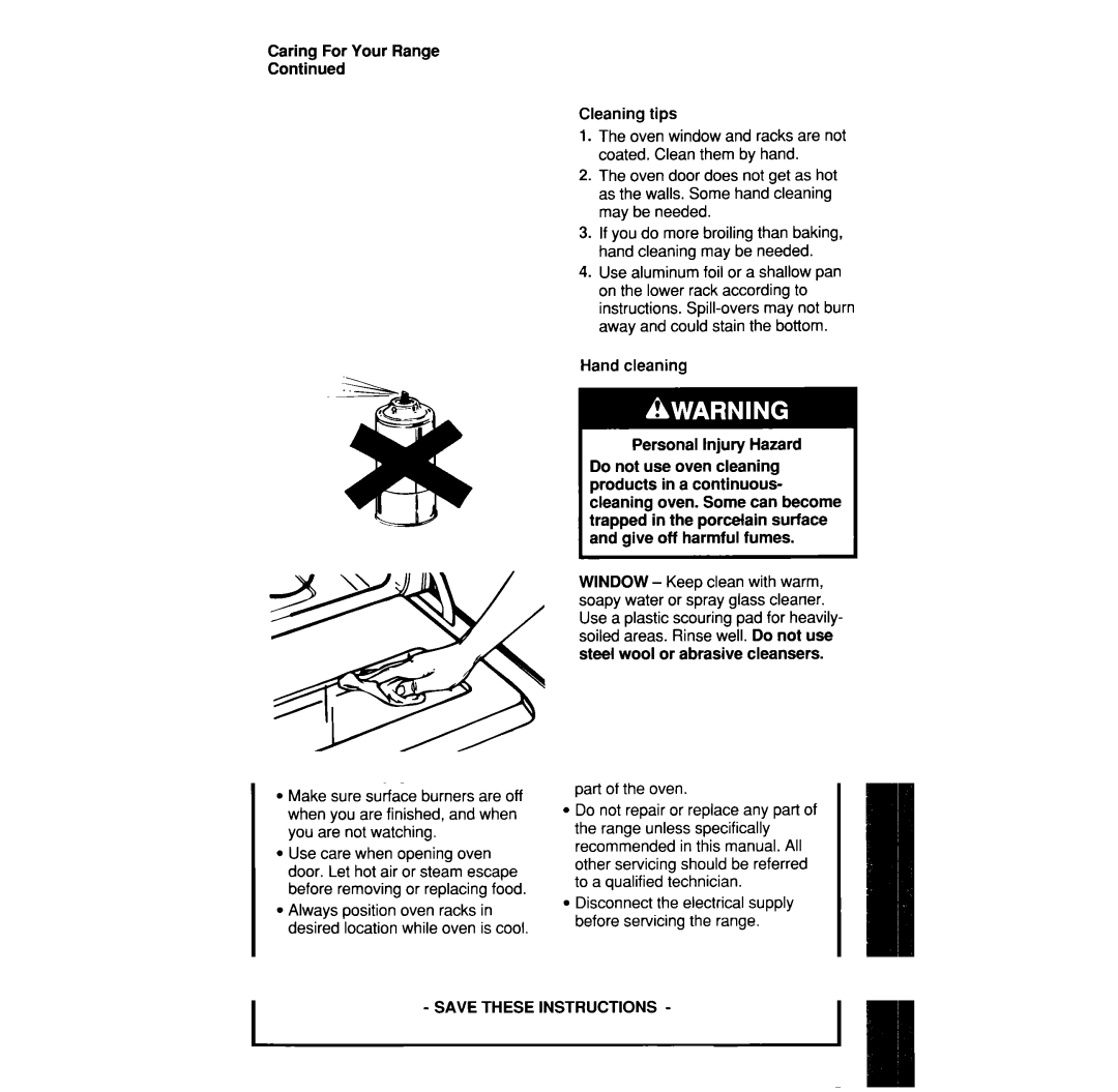 Whirlpool SF330PEW manual Hand cleaning Personal Injury Hazard 