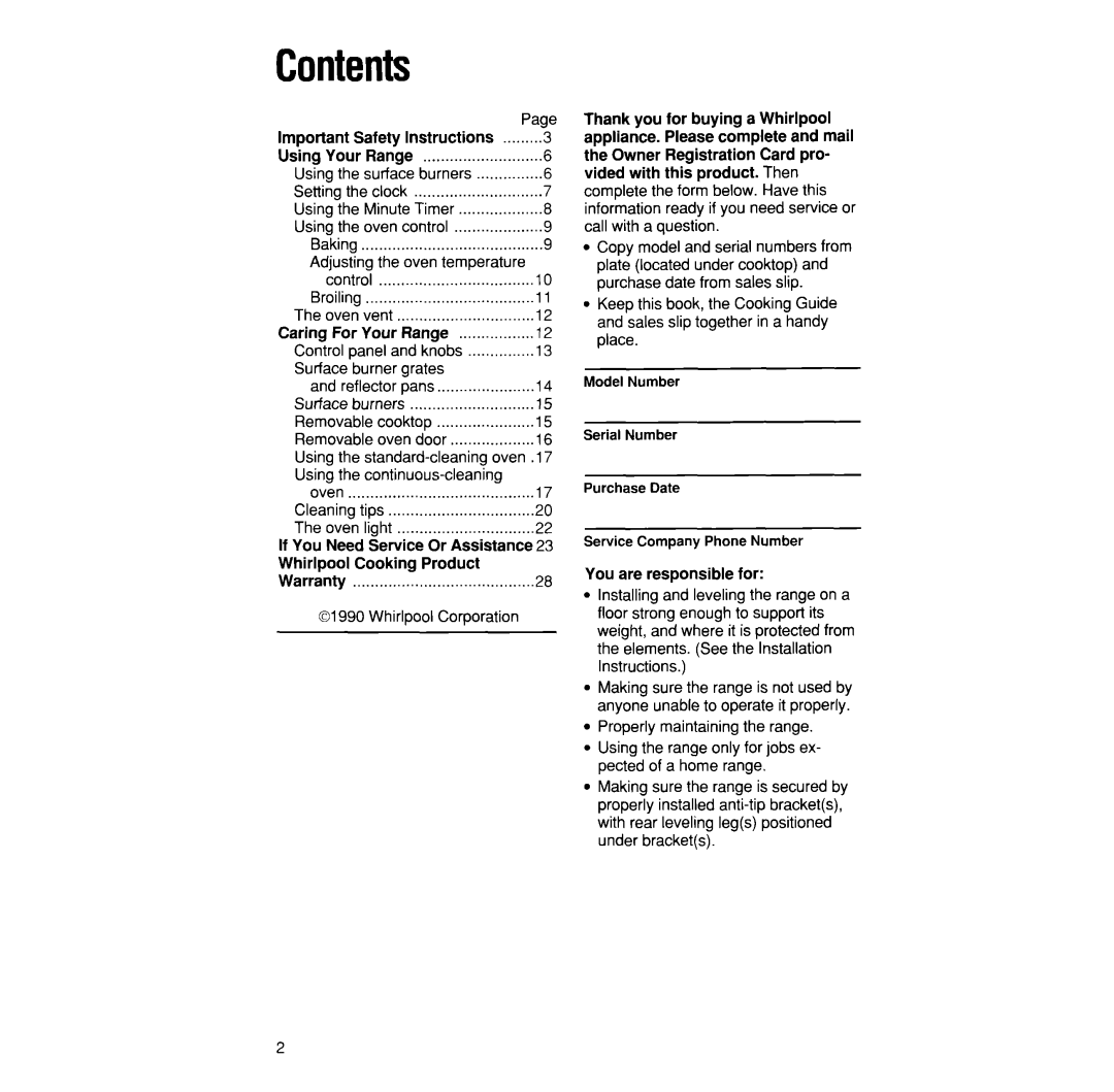 Whirlpool SF330PEW manual Contents 