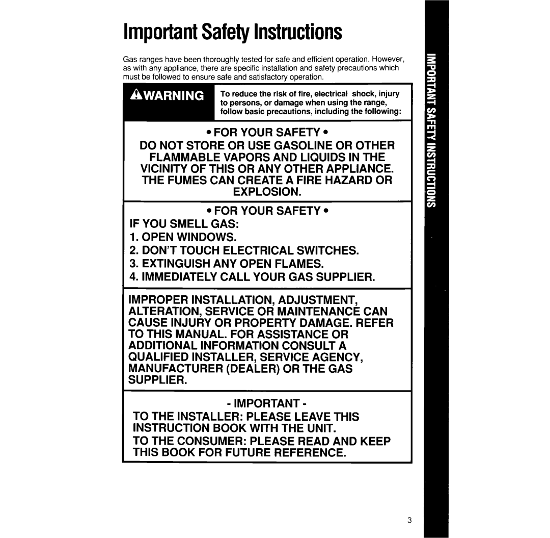 Whirlpool SF330PEW manual ImportantSafetyInstructions 