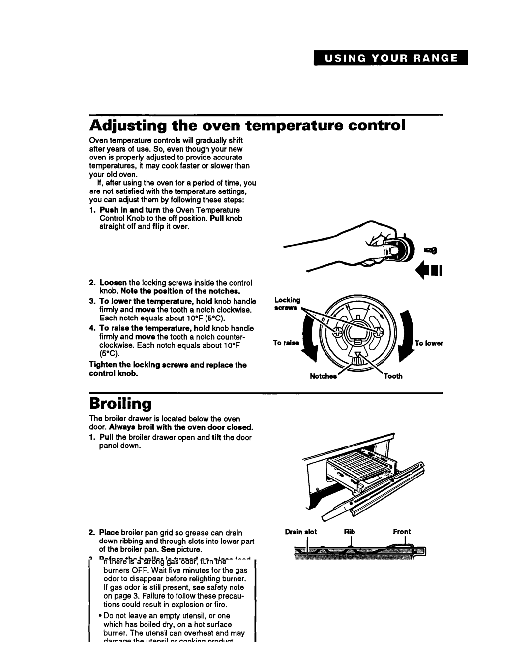 Whirlpool SF310PEY, SF330PEY manual Adjusting the oven temperature control, Broiling, Down ribbing 