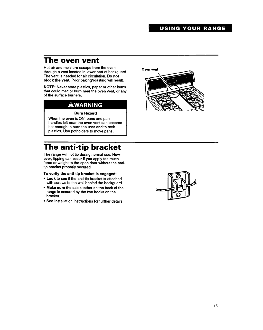 Whirlpool SF310PEY, SF330PEY manual Oven vent, Anti-tip bracket, Burn Hazard 