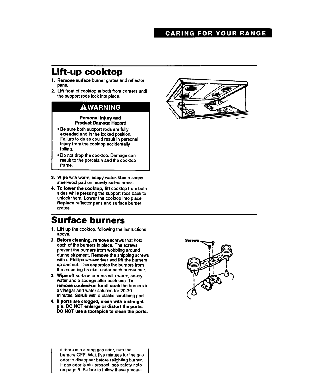 Whirlpool SF310PEY, SF330PEY manual Lift-up cooktop, Surface burners, Replace reflector pans and surface burner grates 