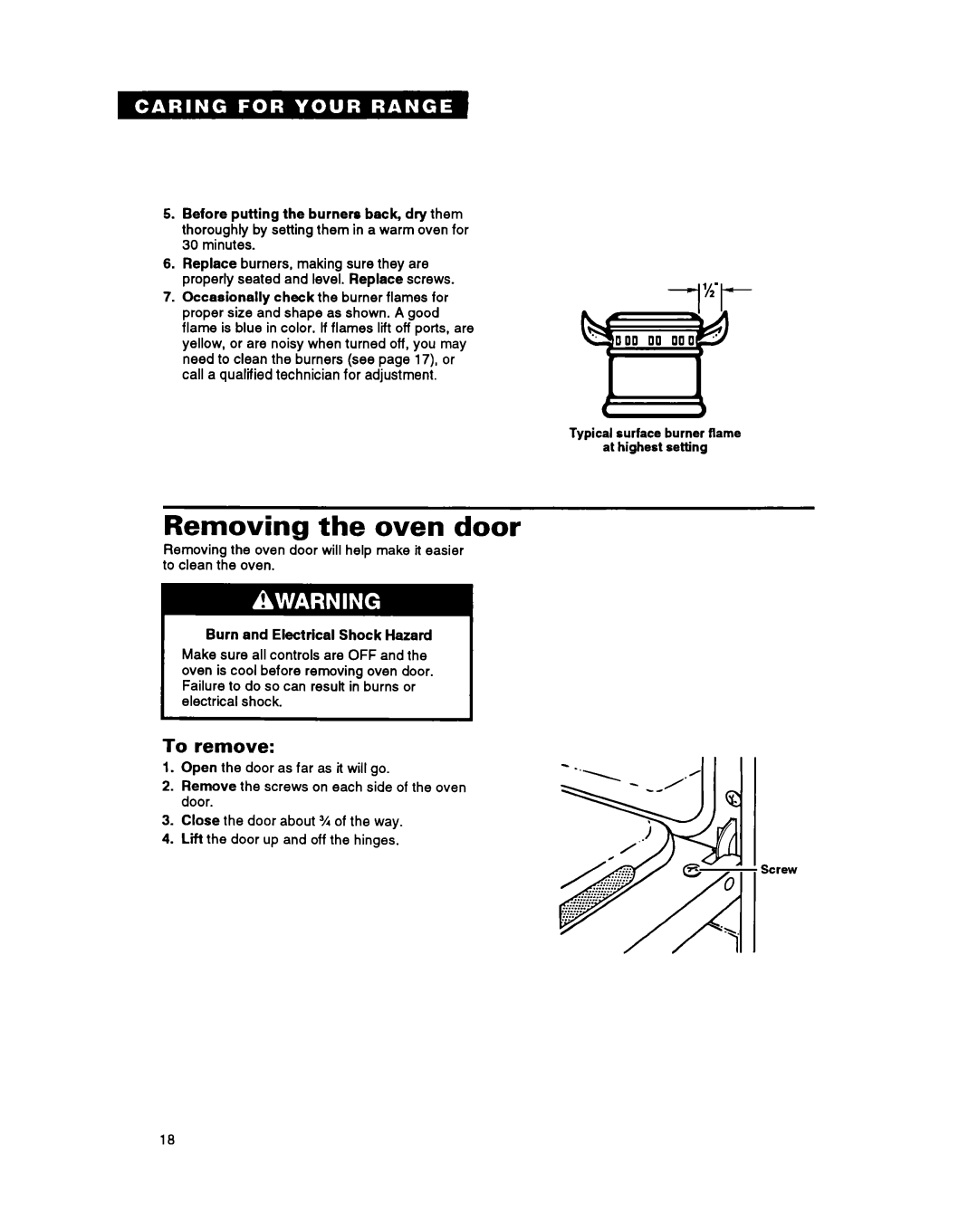 Whirlpool SF330PEY, SF310PEY manual Removing the oven door, To remove 