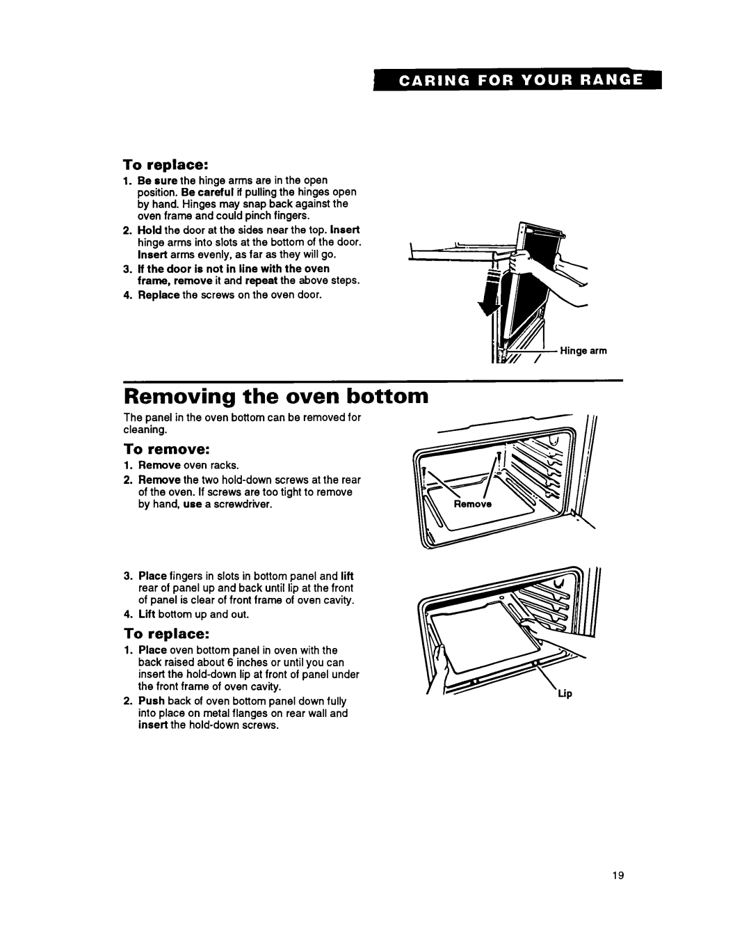 Whirlpool SF310PEY, SF330PEY Removing the oven bottom, To replace, Panel in the oven bottom can be removed for cleaning 